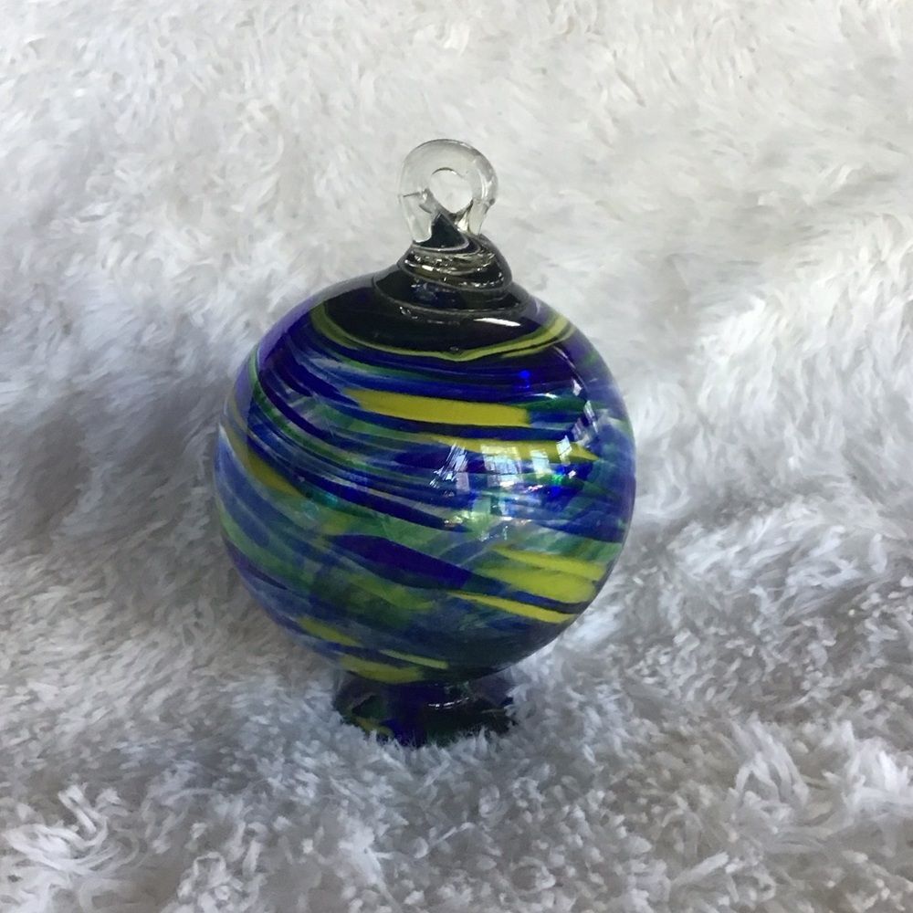 Hand Crafted Glass Orb Ball Ornament with Vibrant Blue and Yellow Patterns